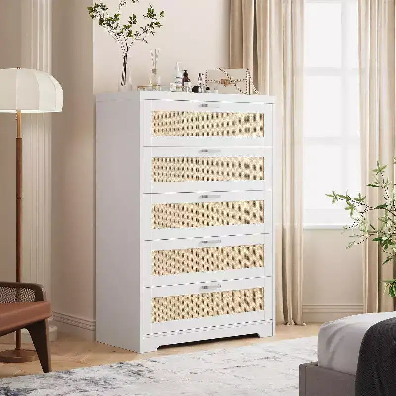 Commode 5 tiroirs en rotin 47 po - Grande commode de rangement pour chambre à coucher et salon