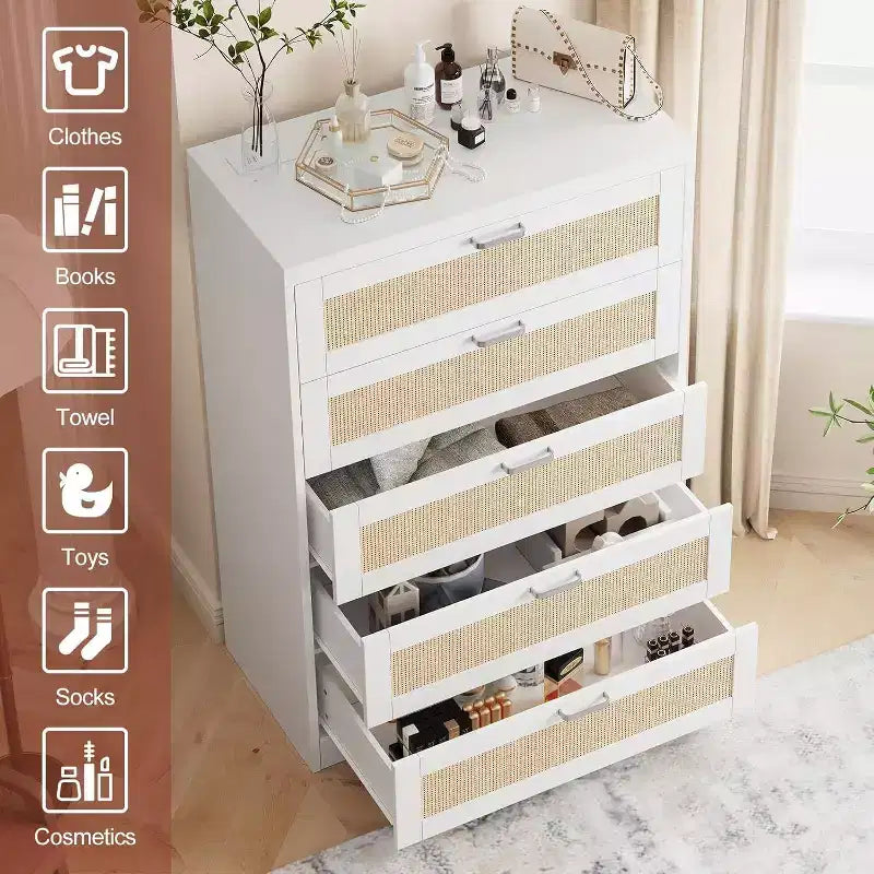 Commode 5 tiroirs en rotin 47 po - Grande commode de rangement pour chambre à coucher et salon