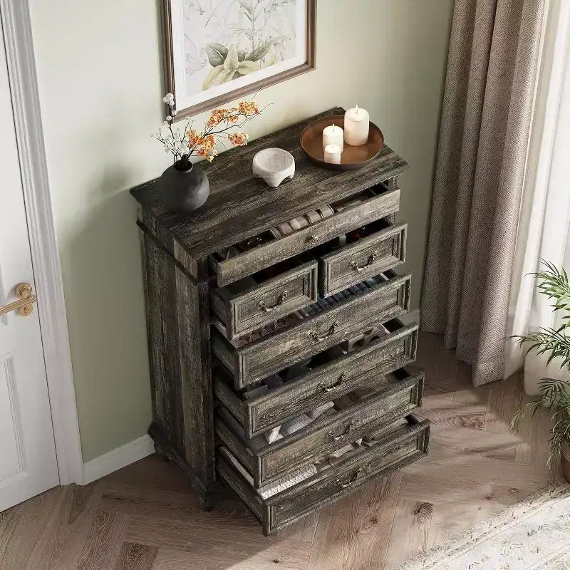 Commode 7 tiroirs style ferme rustique - Rangement à bijoux pour chambre et salon