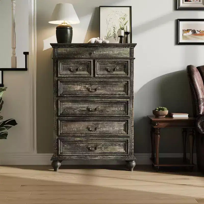 Commode 7 tiroirs style ferme rustique - Rangement à bijoux pour chambre et salon