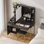Coiffeuse de chambre avec lampe et prise de courant, coiffeuse en bois avec 2 tiroirs, 9 étagères ouvertes, 2 armoires, coussin et tabouret
