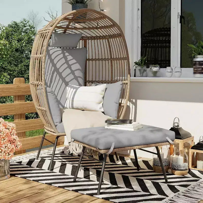 Fauteuil œuf surdimensionné Acekool avec ottoman, chaise longue de patio en rotin PE avec coussins, siège intérieur et extérieur pour jardin et salon