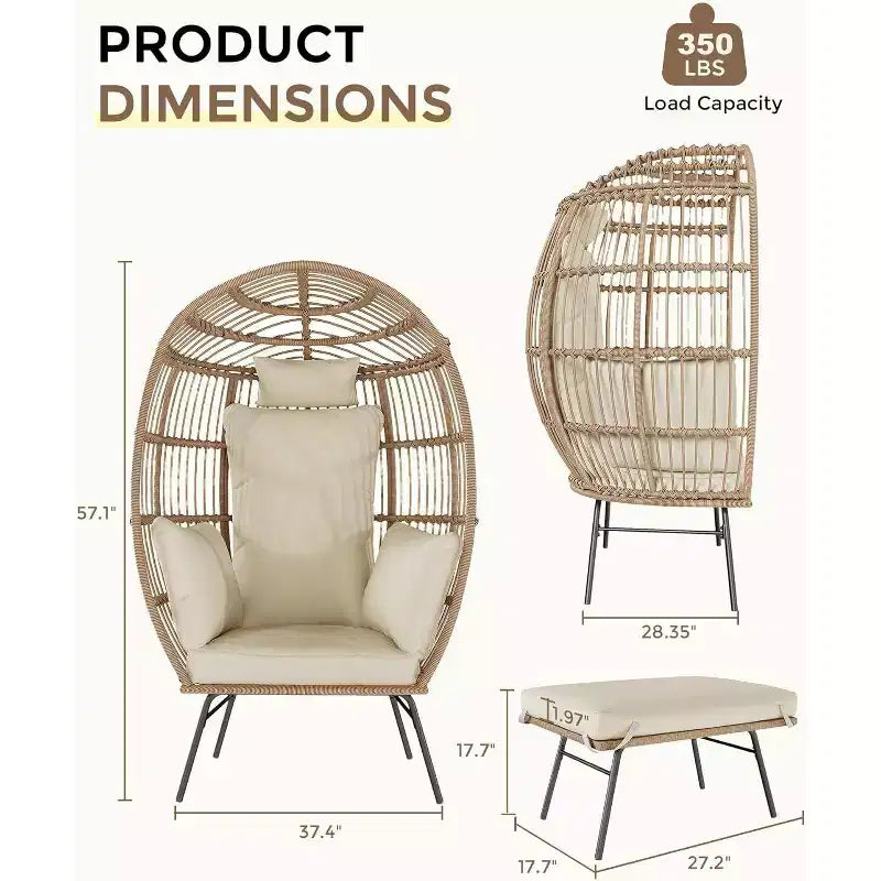 Fauteuil œuf surdimensionné Acekool avec ottoman, chaise longue de patio en rotin PE avec coussins, siège intérieur et extérieur pour jardin et salon
