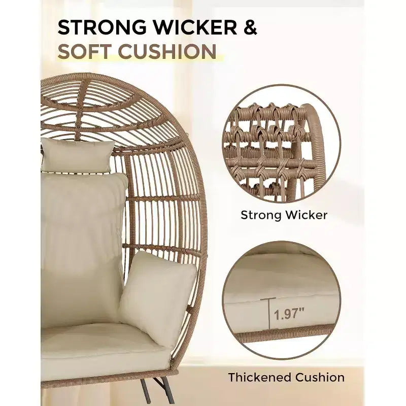 Fauteuil œuf surdimensionné Acekool avec ottoman, chaise longue de patio en rotin PE avec coussins, siège intérieur et extérieur pour jardin et salon