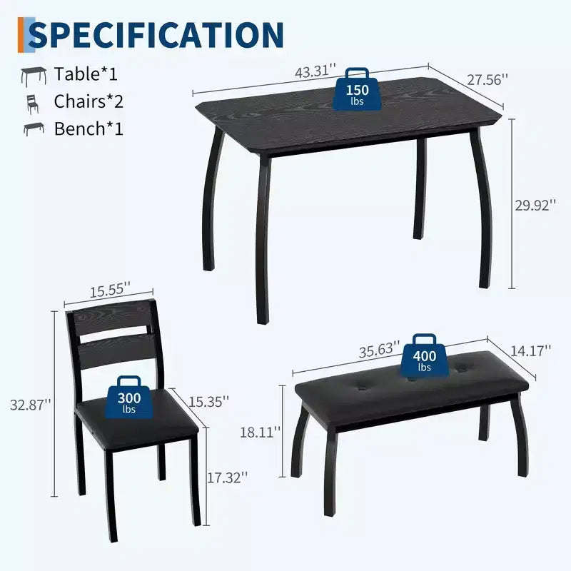 Ensemble de salle à manger Coolmee pour 4 personnes, table de cuisine avec banquette rembourrée et 2 chaises, ensemble de meubles de salle à manger 4 pièces pour petit espace, appartement