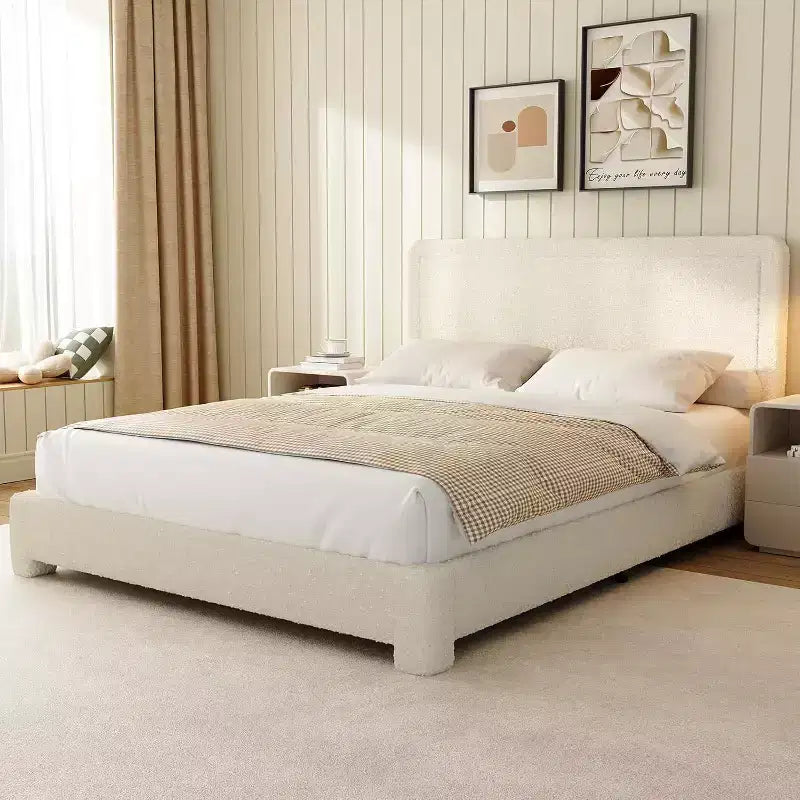 Cadre de lit Dyonery Boucle, cadre de lit moderne crème avec tête de lit, coins arrondis doux, aucun sommier tapissier requis, tête de lit réglable, assemblage facile