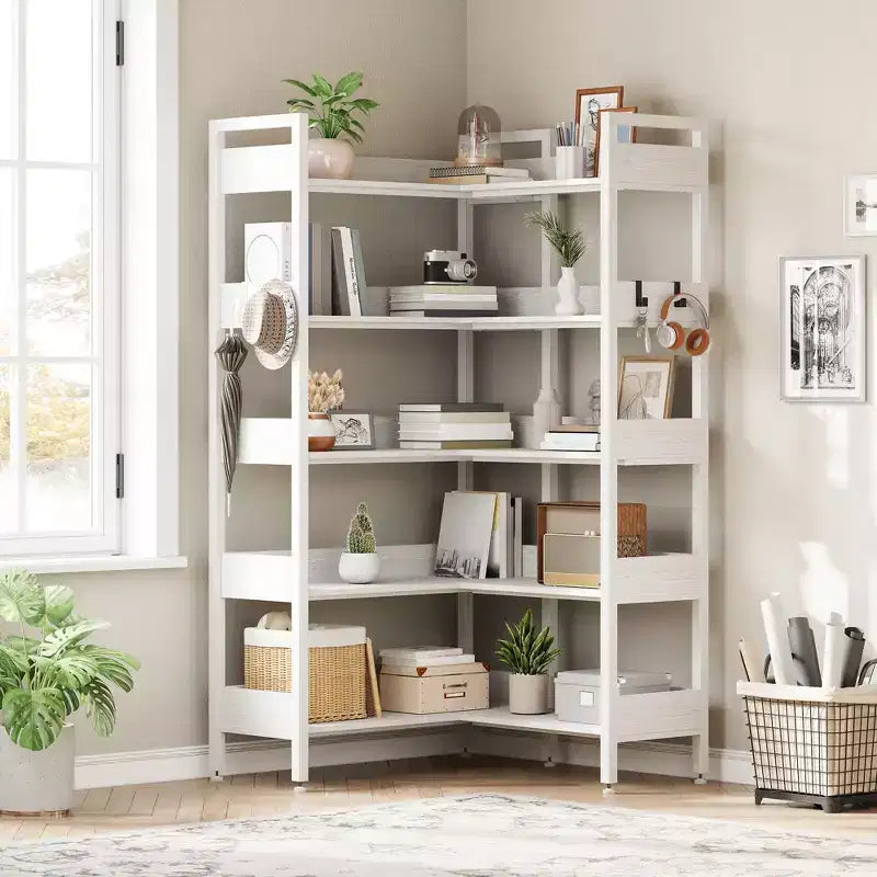 Étagère d'angle convertible à 5 niveaux, Bibliothèque industrielle en forme de L avec rangement pour la maison, le bureau et le salon