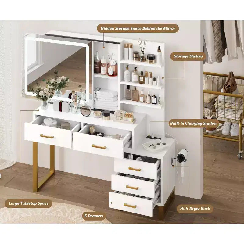 Coiffeuse GustoWave avec miroir, station de charge, lumières LED à 3 modes d'éclairage, 5 grands tiroirs et 3 niveaux d'étagères ouvertes
