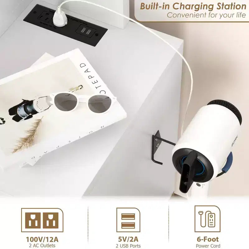 Coiffeuse GustoWave avec miroir, station de charge, lumières LED à 3 modes d'éclairage, 5 grands tiroirs et 3 niveaux d'étagères ouvertes