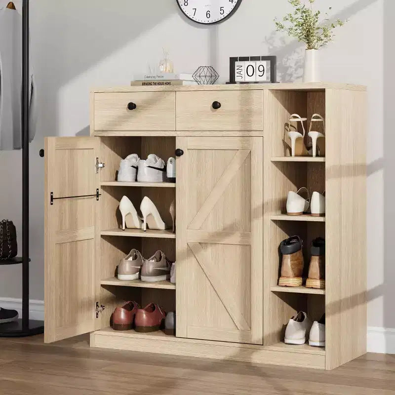Meuble à Chaussures Acekool - Organiseur Moderne avec Portes, Étagères Réglables pour Entrée, Peut Contenir 18 à 24 Paires, Naturel