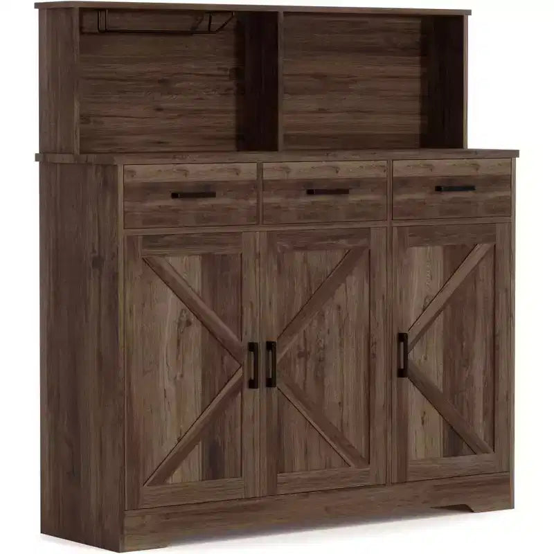 Buffet de salle à manger 59" style ferme avec portes de grange, 3 tiroirs et étagères, support pour micro-ondes, rangement moderne pour cuisine ou salle à manger