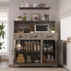Buffet de salle à manger 59" style ferme avec portes de grange, 3 tiroirs et étagères, support pour micro-ondes, rangement moderne pour cuisine ou salle à manger