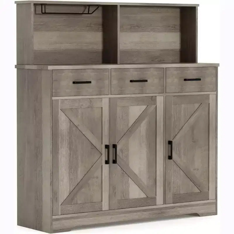 Buffet de salle à manger 59" style ferme avec portes de grange, 3 tiroirs et étagères, support pour micro-ondes, rangement moderne pour cuisine ou salle à manger