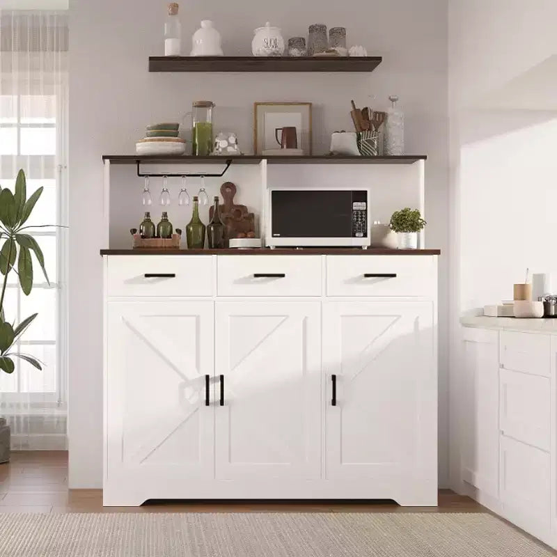 59 Farmhouse Sideboard Buffet Cabinet with Barn Doors, 3 Drawers & Shelves, Microwave Stand, Modern Storage for Kitchen or Dining Room