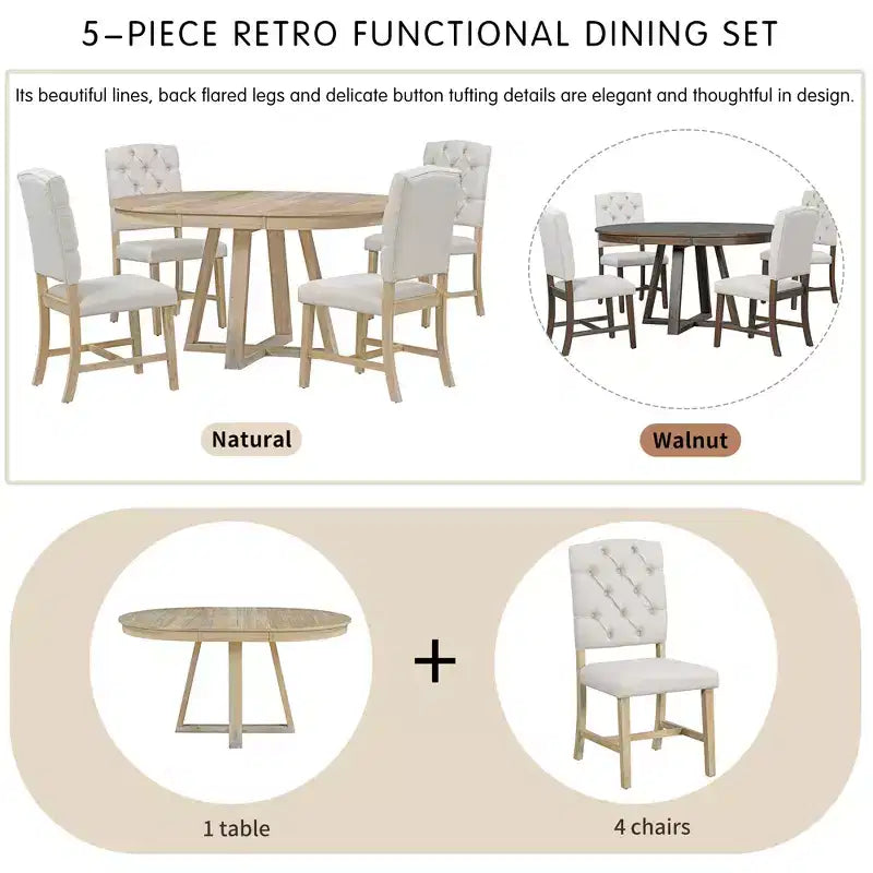 Ensemble de salle à manger extensible 5 pièces pour 4 personnes, table ronde avec rallonge et 4 chaises rembourrées