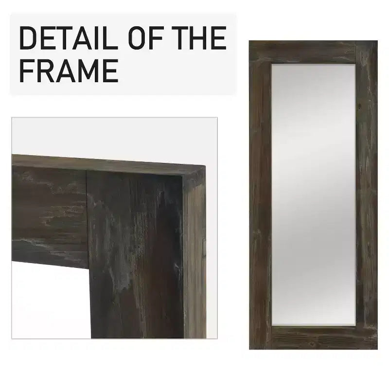 Miroir pleine longueur rectangulaire marron à bords larges en bois massif de 58x24 pouces, à angle droit et creux (sans support)
