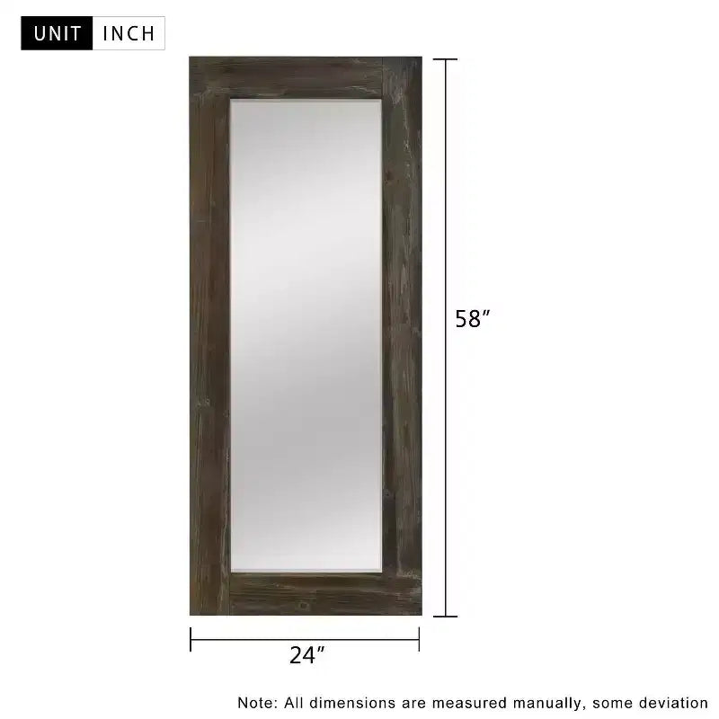 Miroir pleine longueur rectangulaire marron à bords larges en bois massif de 58x24 pouces, à angle droit et creux (sans support)