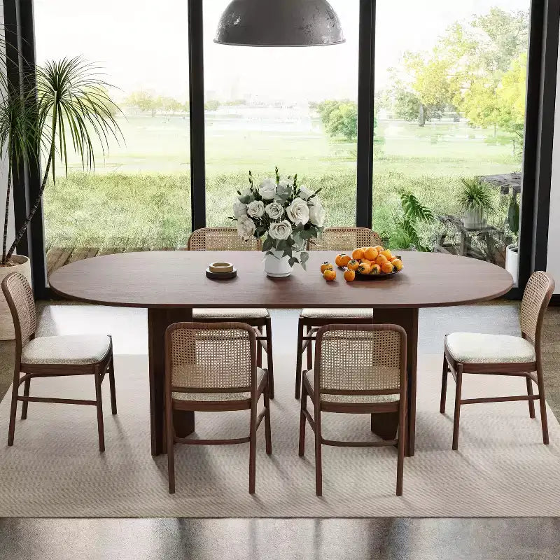 PexFix 67 x 33.5 Table de salle à manger de style ferme en bois massif avec pieds en V et plateau ovale en bois pour salles à manger modernes et réunions de famille Noyer