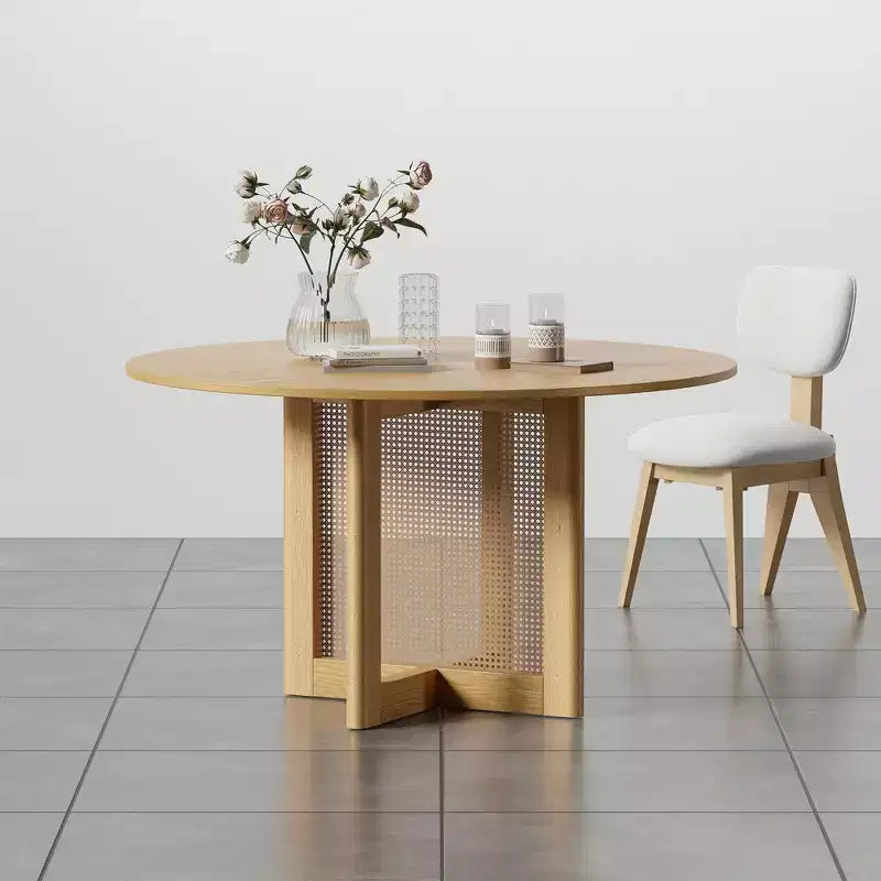PexFix 52 x 52 Table de salle à manger de ferme ronde en bois naturel avec pieds en rotin tressé pour cuisine, bar, salon