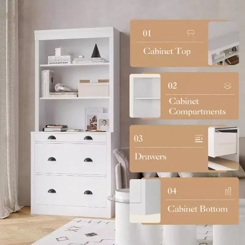 Bibliothèque moderne Acekool avec 3 tiroirs et 3 étagères, meuble de rangement blanc, base large, sécurité anti-basculement, pour salon, chambre, bureau