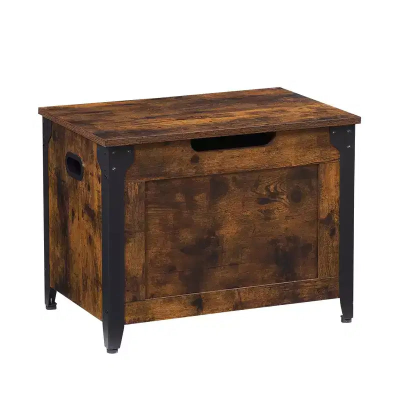 TROPOW Coffre avec couvercle, Coffre de rangement en bois, Banc de rangement avec charnières de sécurité, Cadre en métal, Banc à chaussures, Rangement, Marron