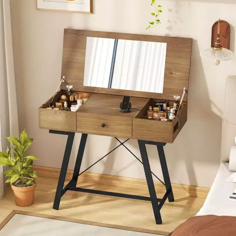 Coiffeuse Costway avec Miroir Rabattable Table de Maquillage avec Prises de Courant et Tiroir