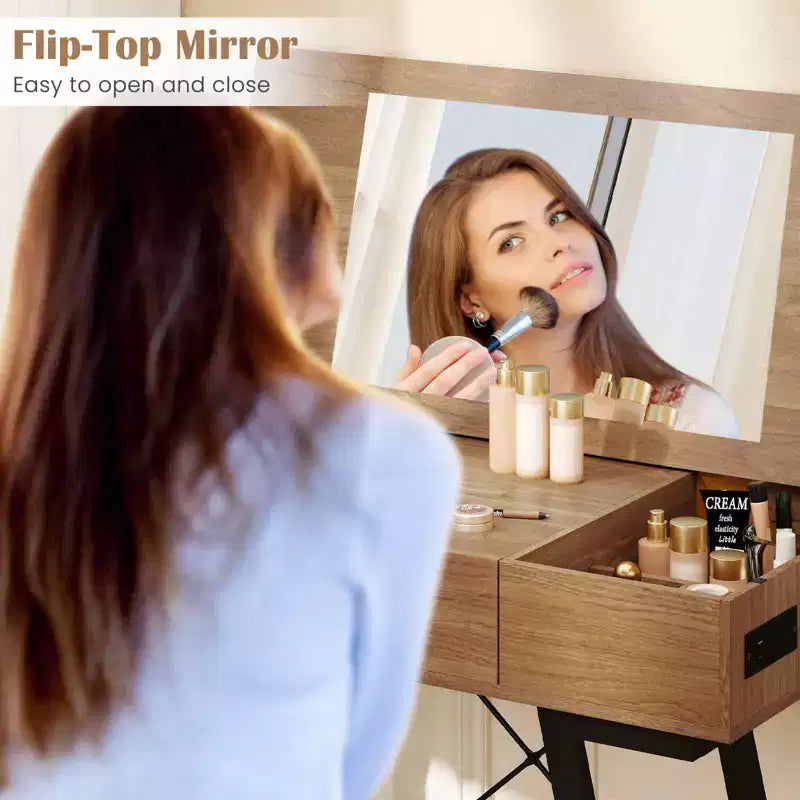 Coiffeuse Costway avec Miroir Rabattable Table de Maquillage avec Prises de Courant et Tiroir