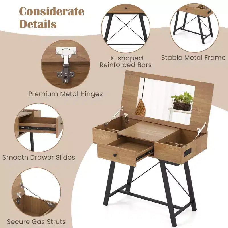 Coiffeuse Costway avec Miroir Rabattable Table de Maquillage avec Prises de Courant et Tiroir