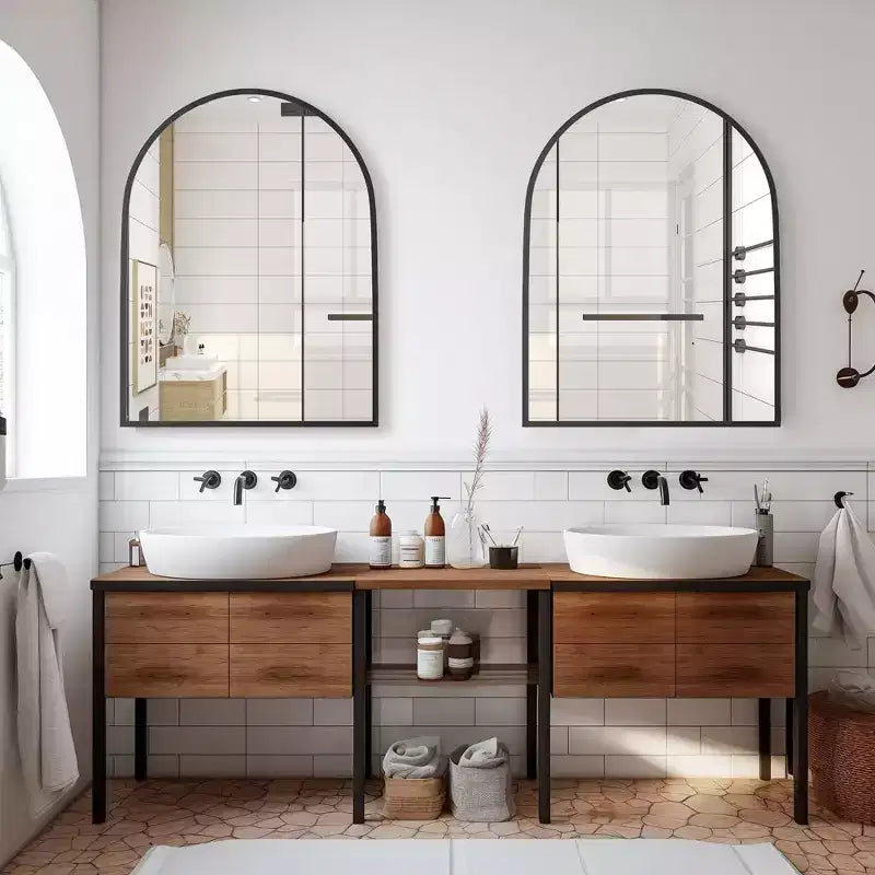 2 Pieces 39 In.H X 30 In.W Aluminum Alloy Fine Edged Right Angled Arch Black Hanging Mirror Frame Wall Mirror