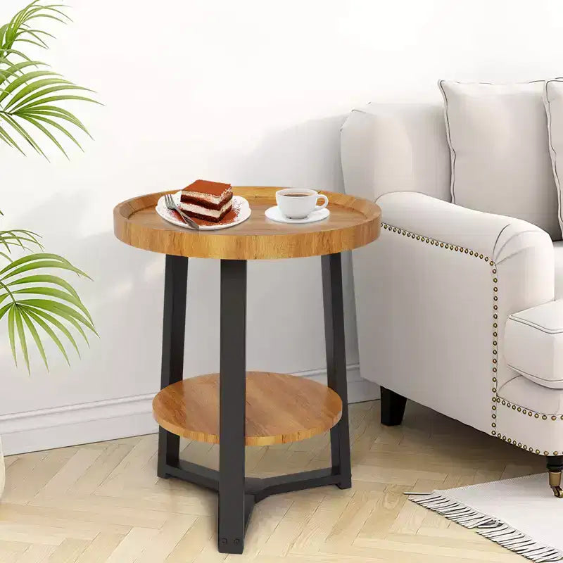 Table d'appoint ronde à 2 niveaux avec étagère de rangement, table d'appoint en bois et métal pour salon et chambre, pour petits espaces, montage facile