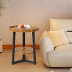 Table d'appoint ronde à 2 niveaux avec étagère de rangement, table d'appoint en bois et métal pour salon et chambre, pour petits espaces, montage facile