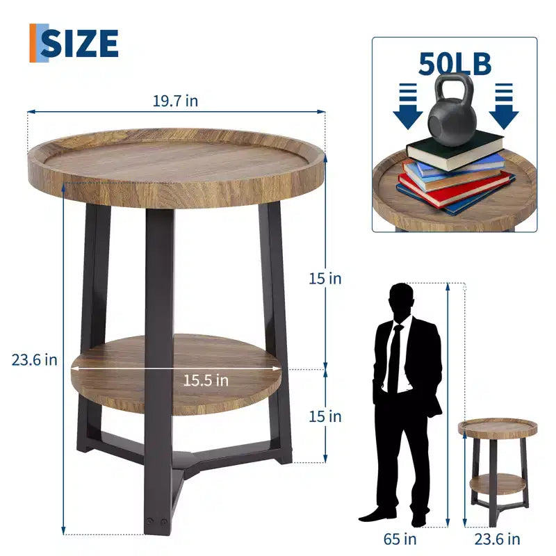 Table d'appoint ronde à 2 niveaux avec étagère de rangement, table d'appoint en bois et métal pour salon et chambre, pour petits espaces, montage facile