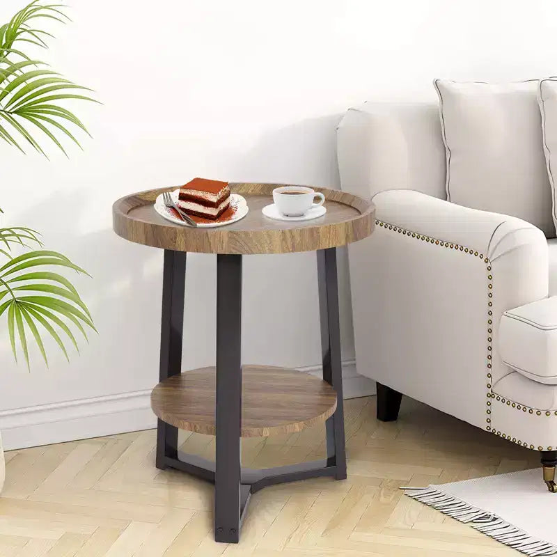 Table d'appoint ronde à 2 niveaux avec étagère de rangement, table d'appoint en bois et métal pour salon et chambre, pour petits espaces, montage facile