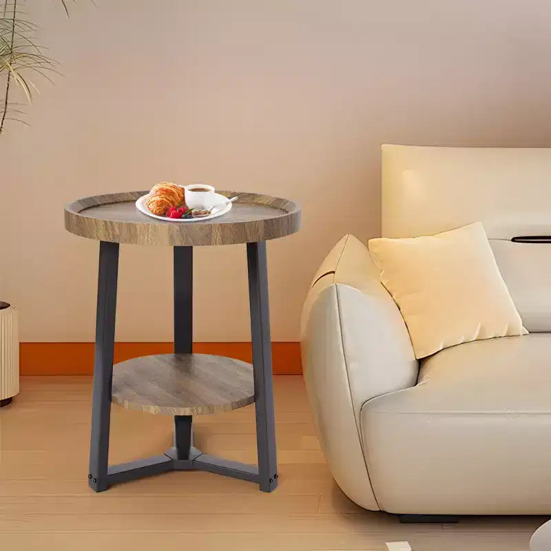 Table d'appoint ronde à 2 niveaux avec étagère de rangement, table d'appoint en bois et métal pour salon et chambre, pour petits espaces, montage facile
