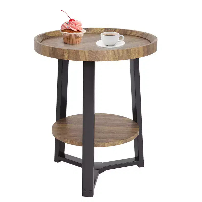 Table d'appoint ronde à 2 niveaux avec étagère de rangement, table d'appoint en bois et métal pour salon et chambre, pour petits espaces, montage facile