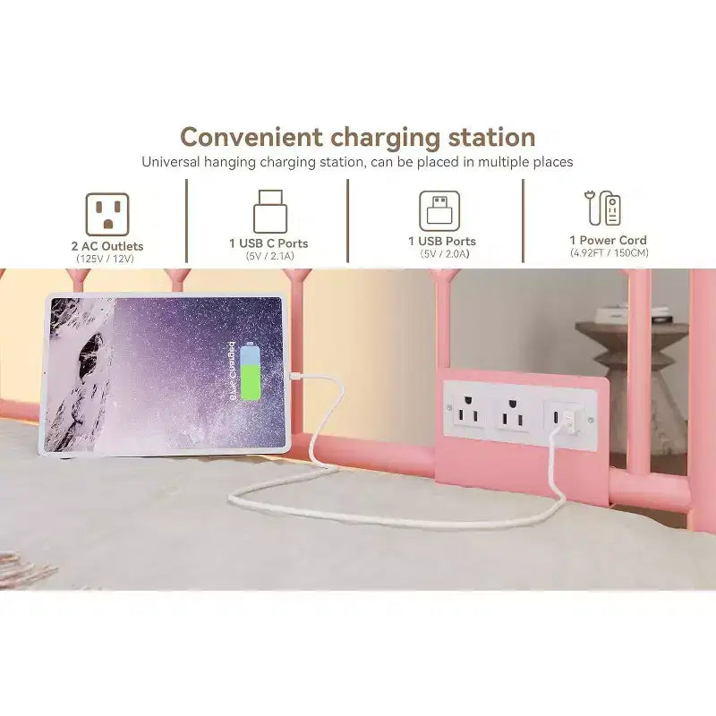 Lit de repos double avec lit gigogne, avec station de recharge et lumières LED, cadre de lit de jour en métal avec lit gigogne coulissant pour salon, chambre à coucher, chambre d'amis, appartement