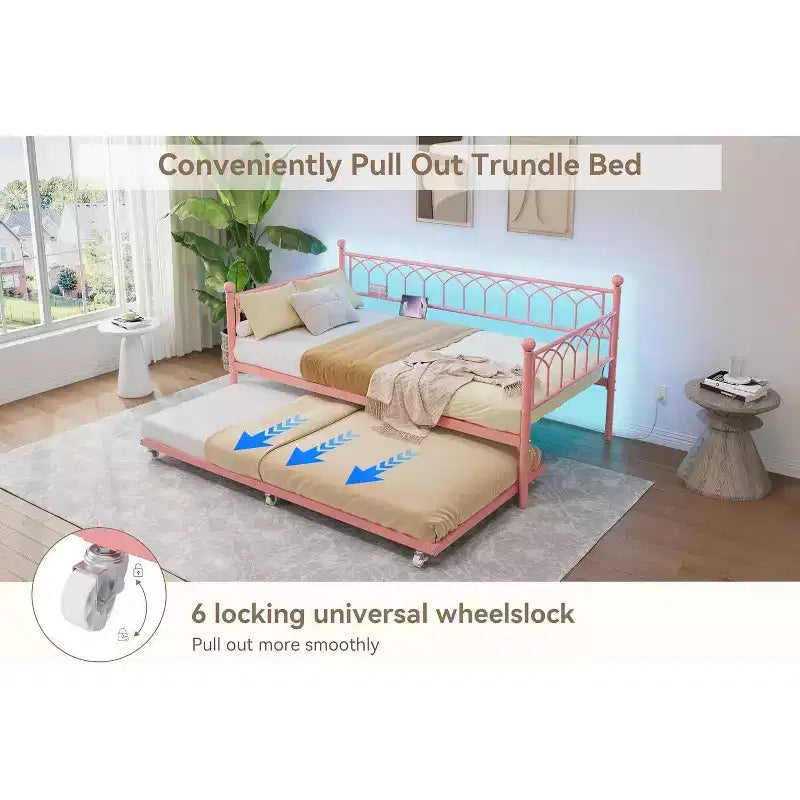 Lit de repos double avec lit gigogne, avec station de recharge et lumières LED, cadre de lit de jour en métal avec lit gigogne coulissant pour salon, chambre à coucher, chambre d'amis, appartement