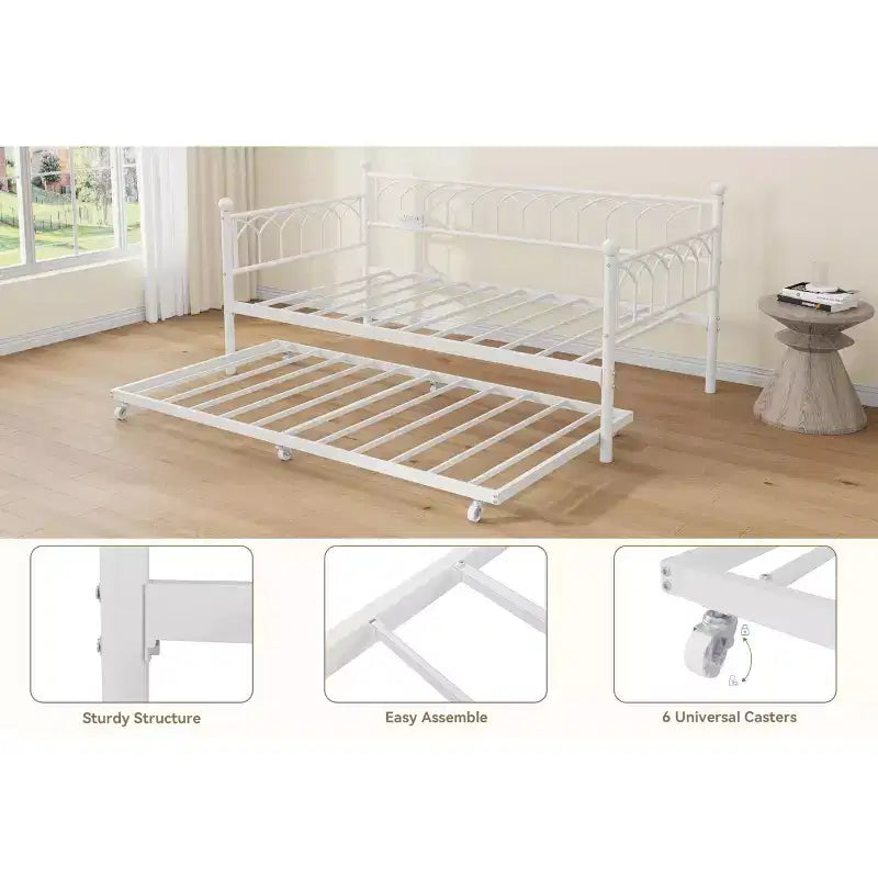 Lit de repos double avec lit gigogne, avec station de recharge et lumières LED, cadre de lit de jour en métal avec lit gigogne coulissant pour salon, chambre à coucher, chambre d'amis, appartement