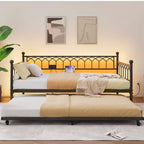 Lit de repos double avec lit gigogne, avec station de recharge et lumières LED, cadre de lit de jour en métal avec lit gigogne coulissant pour salon, chambre à coucher, chambre d'amis, appartement