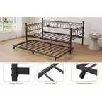 Lit de repos double avec lit gigogne, avec station de recharge et lumières LED, cadre de lit de jour en métal avec lit gigogne coulissant pour salon, chambre à coucher, chambre d'amis, appartement