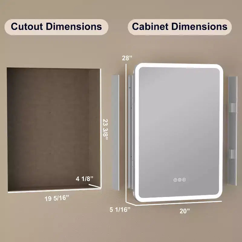 Armoire à pharmacie miroir à LED, montage en saillie ou encastré, éclairage à intensité variable 3 couleurs, anti-buée, USB et prise de courant