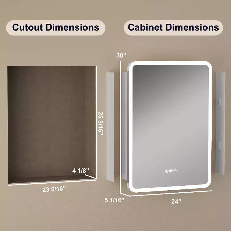 Armoire à pharmacie miroir à LED, montage en saillie ou encastré, éclairage à intensité variable 3 couleurs, anti-buée, USB et prise de courant
