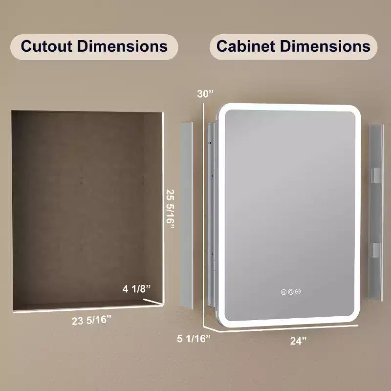 Armoire à pharmacie miroir à LED, montage en saillie ou encastré, éclairage à intensité variable 3 couleurs, anti-buée, USB et prise de courant