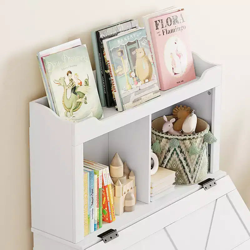 Meuble de rangement pour jouets d'enfants, bibliothèque et rangement pour jouets pour enfants avec couvercle à charnière et compartiments, bibliothèques en bois pour salle de jeux, chambre d'enfant, chambre à coucher