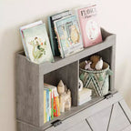 Meuble de rangement pour jouets d'enfants, bibliothèque et rangement pour jouets pour enfants avec couvercle à charnière et compartiments, bibliothèques en bois pour salle de jeux, chambre d'enfant, chambre à coucher