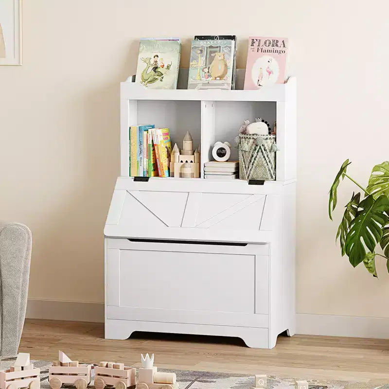 Meuble de rangement pour jouets d'enfants, bibliothèque et rangement pour jouets pour enfants avec couvercle à charnière et compartiments, bibliothèques en bois pour salle de jeux, chambre d'enfant, chambre à coucher