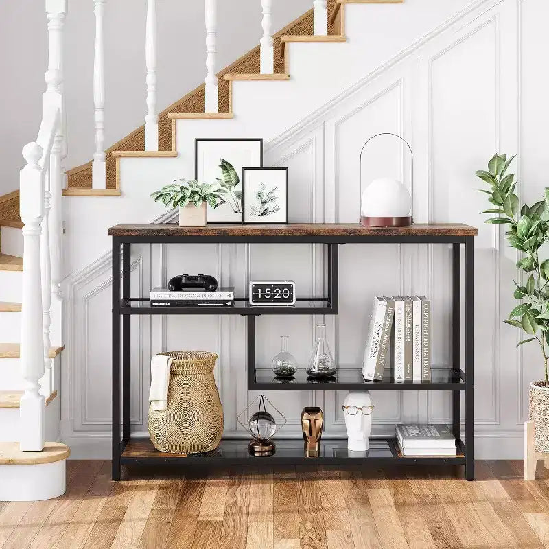 Console industrielle à 4 niveaux avec étagères en verre, table de canapé étroite de 100 cm pour entrée, salon, chambre, table d'appoint de couloir à cadre métallique