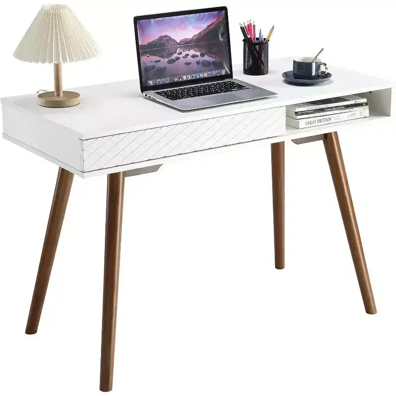 Acekool 42 Bureau d'ordinateur moderne du milieu du siècle avec tiroir et casier de rangement ouvert, bureau à domicile pour le jeu, les études, l'écriture, blanc