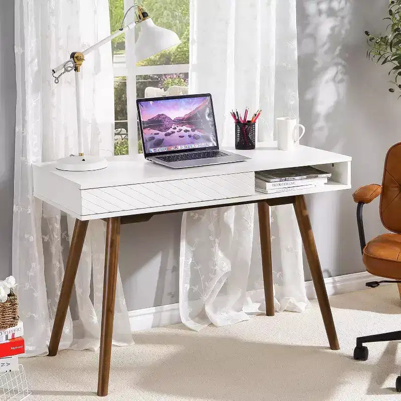 Acekool 42 Bureau d'ordinateur moderne du milieu du siècle avec tiroir et casier de rangement ouvert, bureau à domicile pour le jeu, les études, l'écriture, blanc
