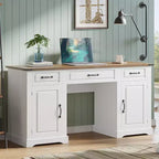 Acekool Bureau de Direction de Ferme 60 avec Tiroirs et Meubles de Rangement, Bureau d'Ordinateur Rustique pour Bureau à Domicile et Étude, Blanc Antique